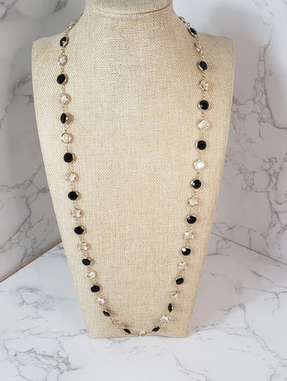 AUSTRIAN USA CRYSTAL Black & White Open Bezel Long Classic Necklace